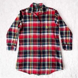 Lauren Ralph Lauren Women Red Green Plaid Button Front Shirt Dress SMALL Lounge